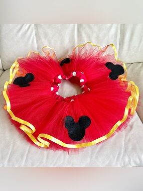 Mini Tutu Mickey Heads, Red Tulle Yellow Ribbon Handmade Toddler One Size
